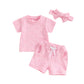 Toddler Baby Girls Daisy Chenille Patch Outfit Short Sleeve T-Shirt Shorts Headband 3Pcs Summer Clothes Set (Pink, 18-24 Months)