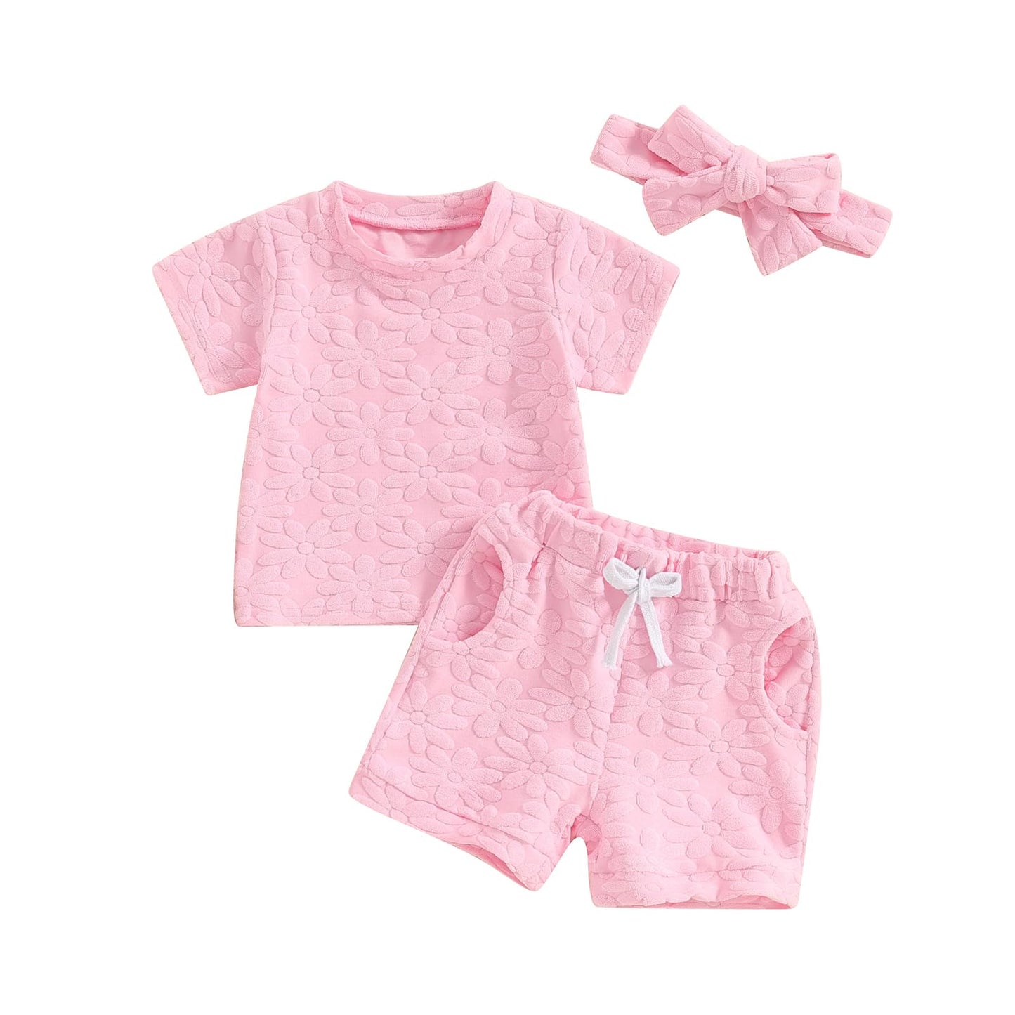 Toddler Baby Girls Daisy Chenille Patch Outfit Short Sleeve T-Shirt Shorts Headband 3Pcs Summer Clothes Set (Pink, 12-18 Months)