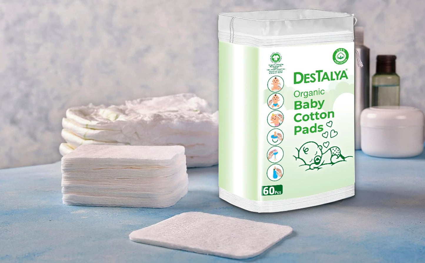 Destalya Baby Cotton Pads For Diaper Change | Large Cotton Squares For Sensitive Skin | Disposable Cleansing Wipes | Soft Washcl