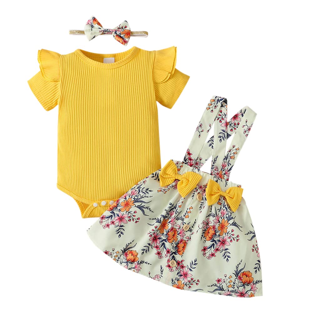 Hopscotch Baby Girls Cotton And Spandex Floral Overall Set In Yellow Color For Ages (1218 Months)