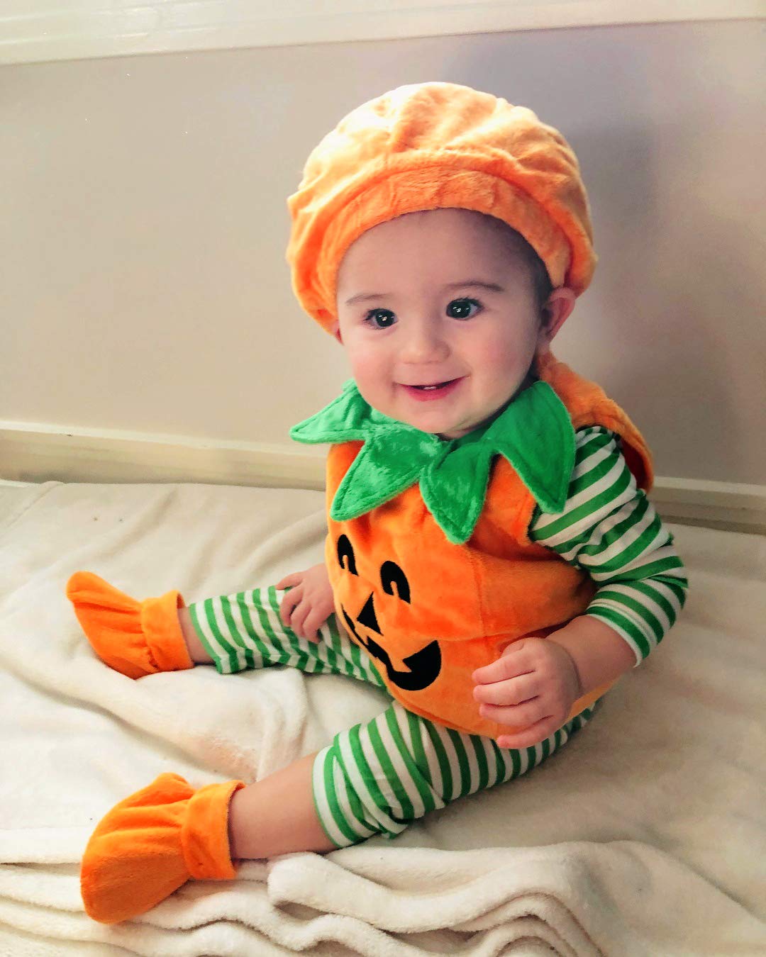Visgogo Baby Boy Girl Halloween Pumpkin Romper Bodysuit+Hat+Shoes 3Pcs Outfit Costumes (1-2 Years)