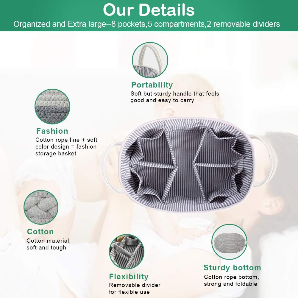 Lzellah Baby Diaper Caddy Organizer - Extra Large Nappy Caddy Rope Nursery Storage Bin - Baby Basket with 8 Pockets, 5 Compartme