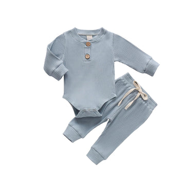 Newborn Baby Boy Girl Clothes Ribbed Knitted Cotton Long Sleeve Romper Long Pants Solid Color Fall Winter Outfits (B-Waffle Blue