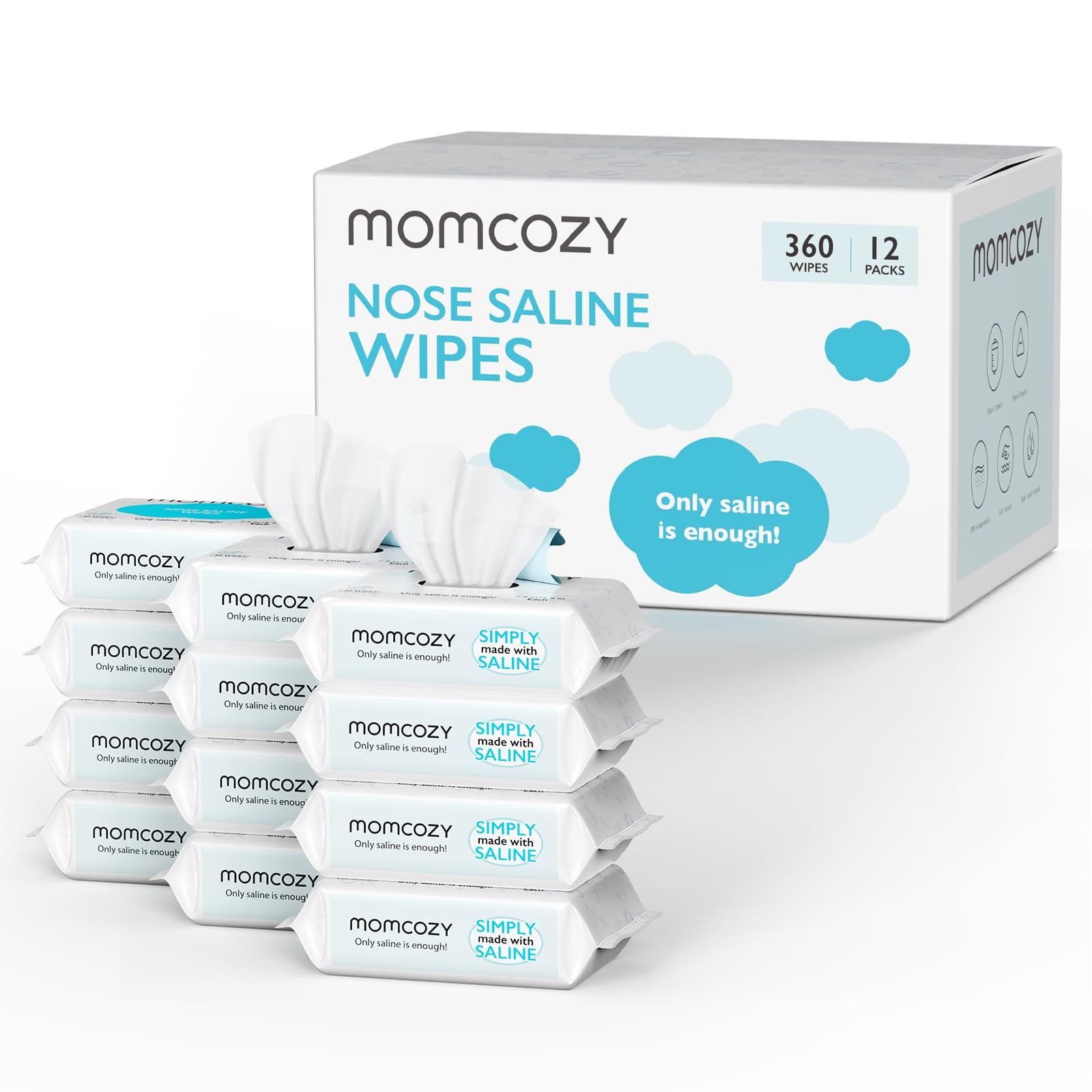 Baby Wipes, Momcozy Saline Nose and Face Wipes, Made Only With Natural Saline, 100% Biodegradable, Unscented & Hypoallergenic fo
