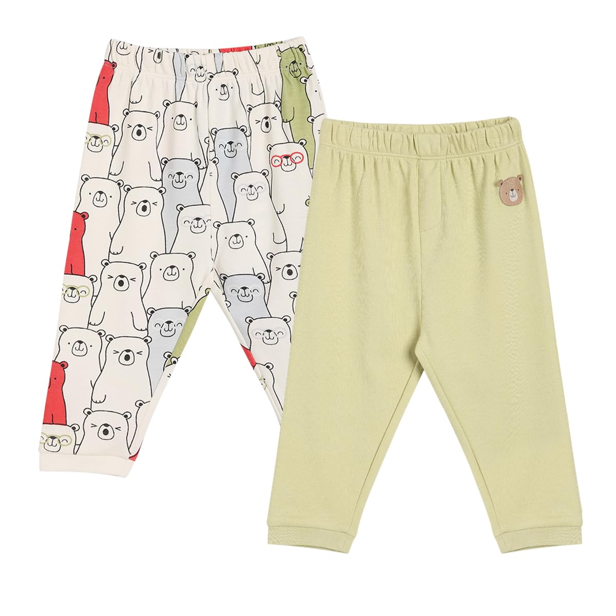 miniklub Cotton Pack of 2 Animal Printed & Solid Knit Pants  White & Beige(912M)