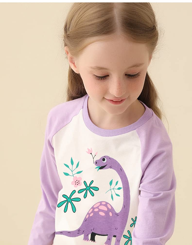 Little Hand Kids & Toddler Girls Dinosaur Pajamas 2 Piece Pjs Set 100% Cotton Long Sleeve Purple Sleepwear 4T