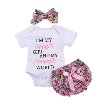 Iwoka 3Pcs Newborn Baby Girl Short Sleeve Letters Romper Jumpsuit+Pant Shorts+Headband Bodysuit Outfit (White, 0-6Months)
