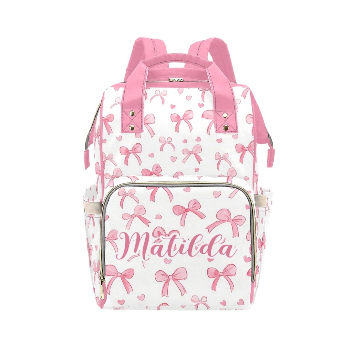 Workvalor Custom Pink Bow Baby Diaper Baby Bag with Name - Personalized Nursing Travel Tote Backpack for Mom or Dad, Custom Name