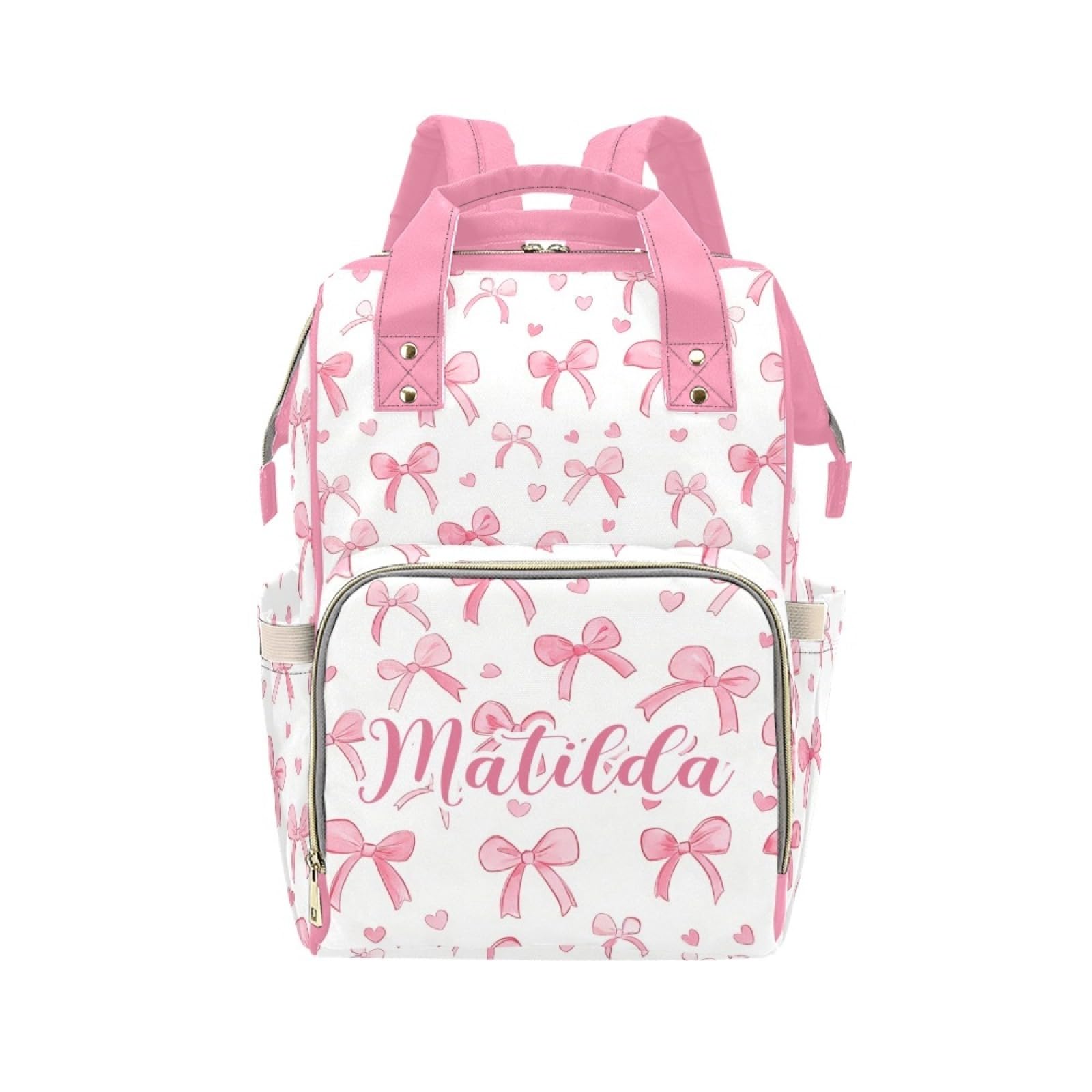 Workvalor Custom Pink Bow Baby Diaper Baby Bag with Name - Personalized Nursing Travel Tote Backpack for Mom or Dad, Custom Name