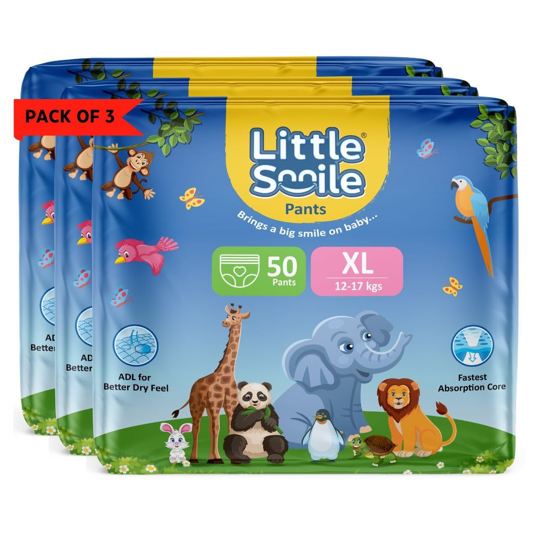 Little Smile Baby Diapers Pant Style | Extra Large (Xl) Size | Ideal For 914 Kgs Baby | 150 Count Odorless And Antibacterial L