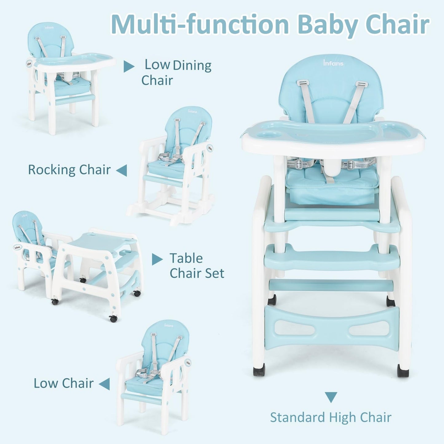Infans 5 In 1 Baby High Chair, Convertible Toddler Table Chair Set, Rocking Chair, Multi-Function Seat With Lockable Universal W