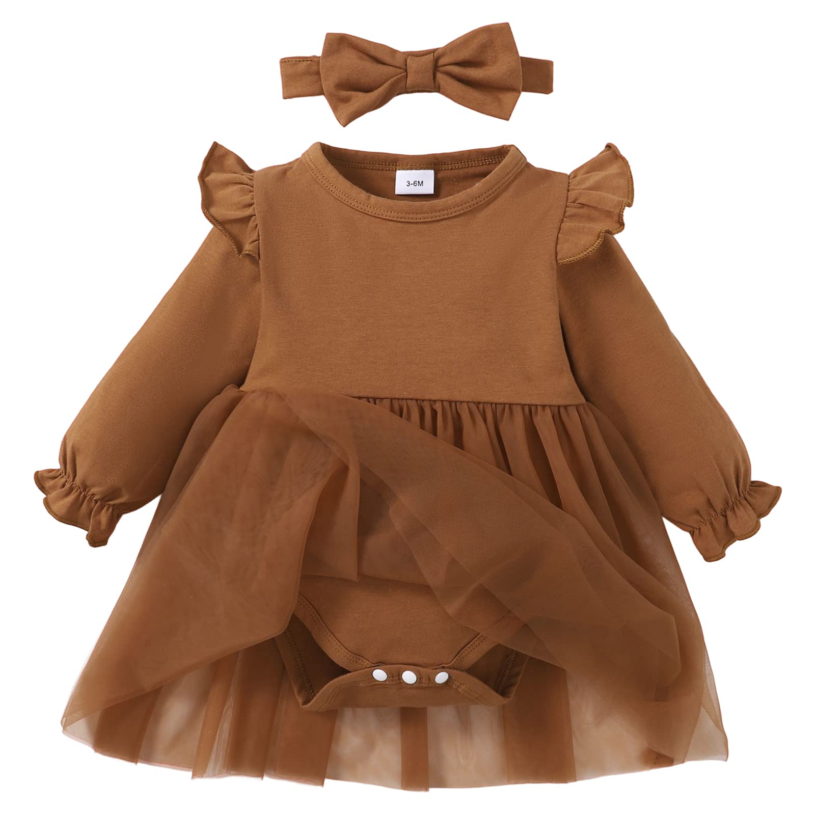 Sobowo Black Baby Girls' Lace Dress Bodysuit With Headband(0-3 Months, Brown L)