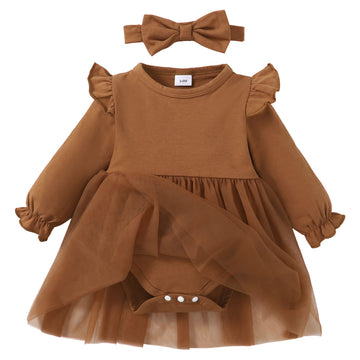 Sobowo Black Baby Girls' Lace Dress Bodysuit With Headband(0-3 Months, Brown L)