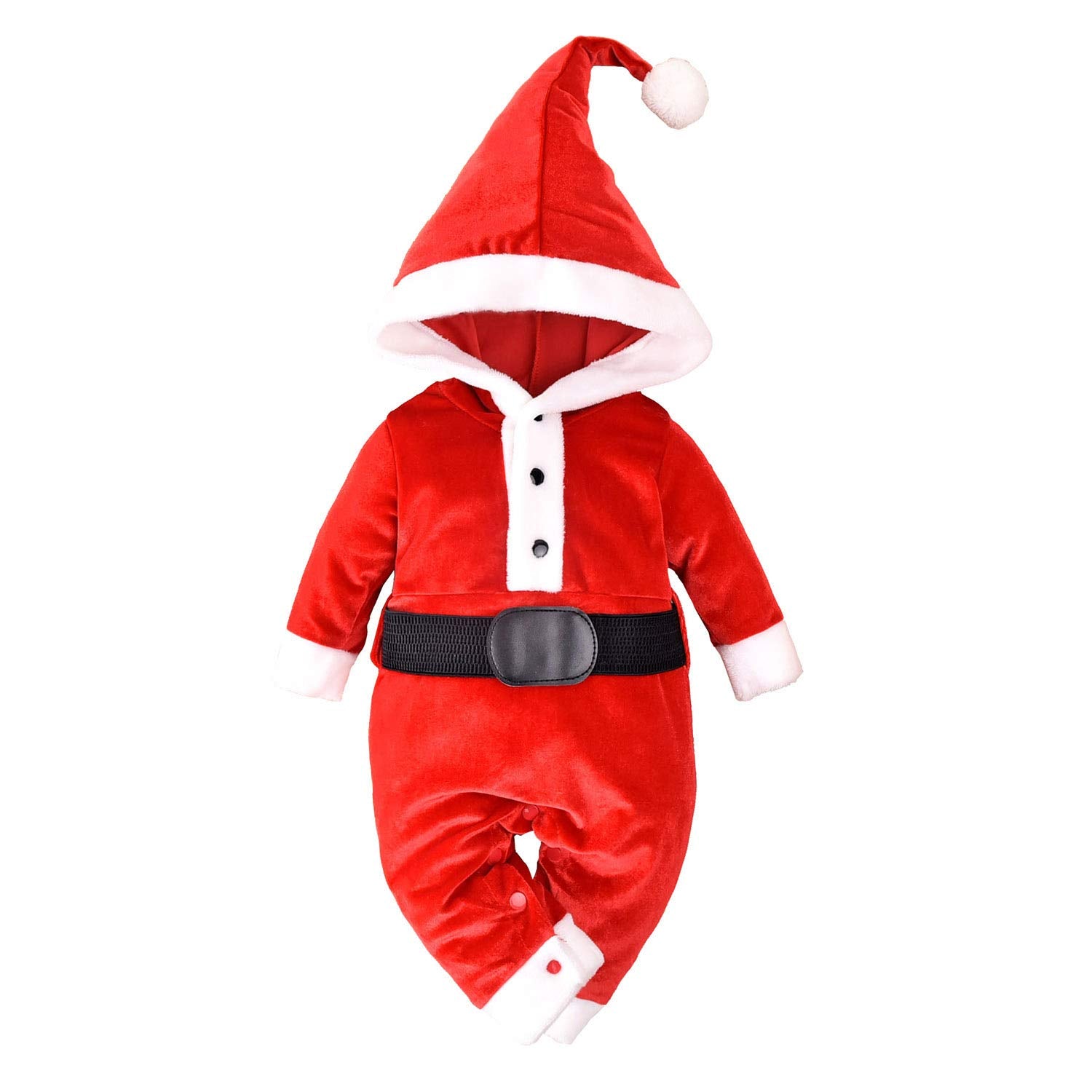 Minifeiko Newborn Baby Christmas Outfits Long Sleeve Jumpsuit Cute Hoodie Costume With Hat (Red, 0-3 Months)