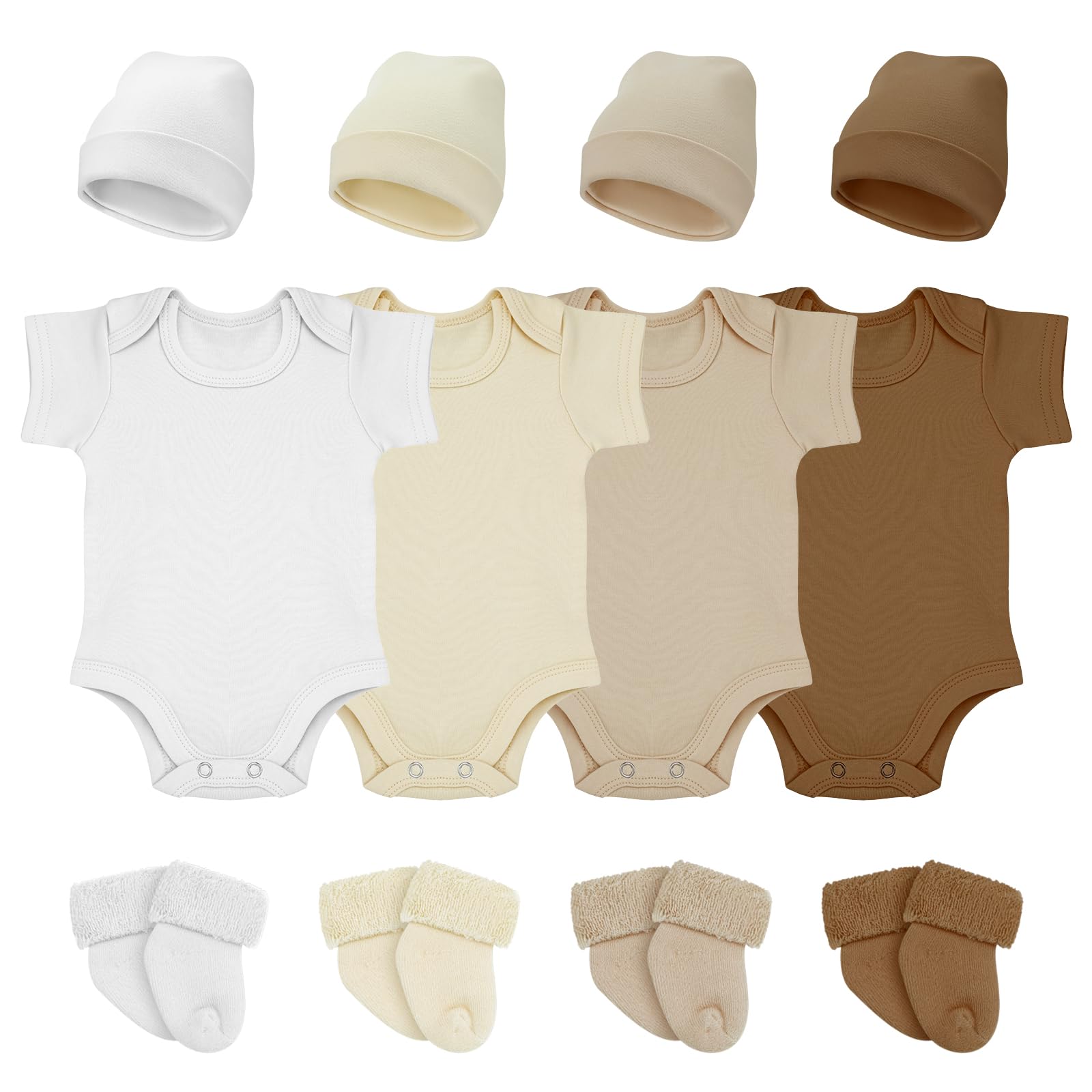 Glitopper 4 Pack Preemie Layette Set Premature Baby Bodysuit Preemie Clothes Hat Bodysuit Socks Set for NICU Newborns(White, Lig