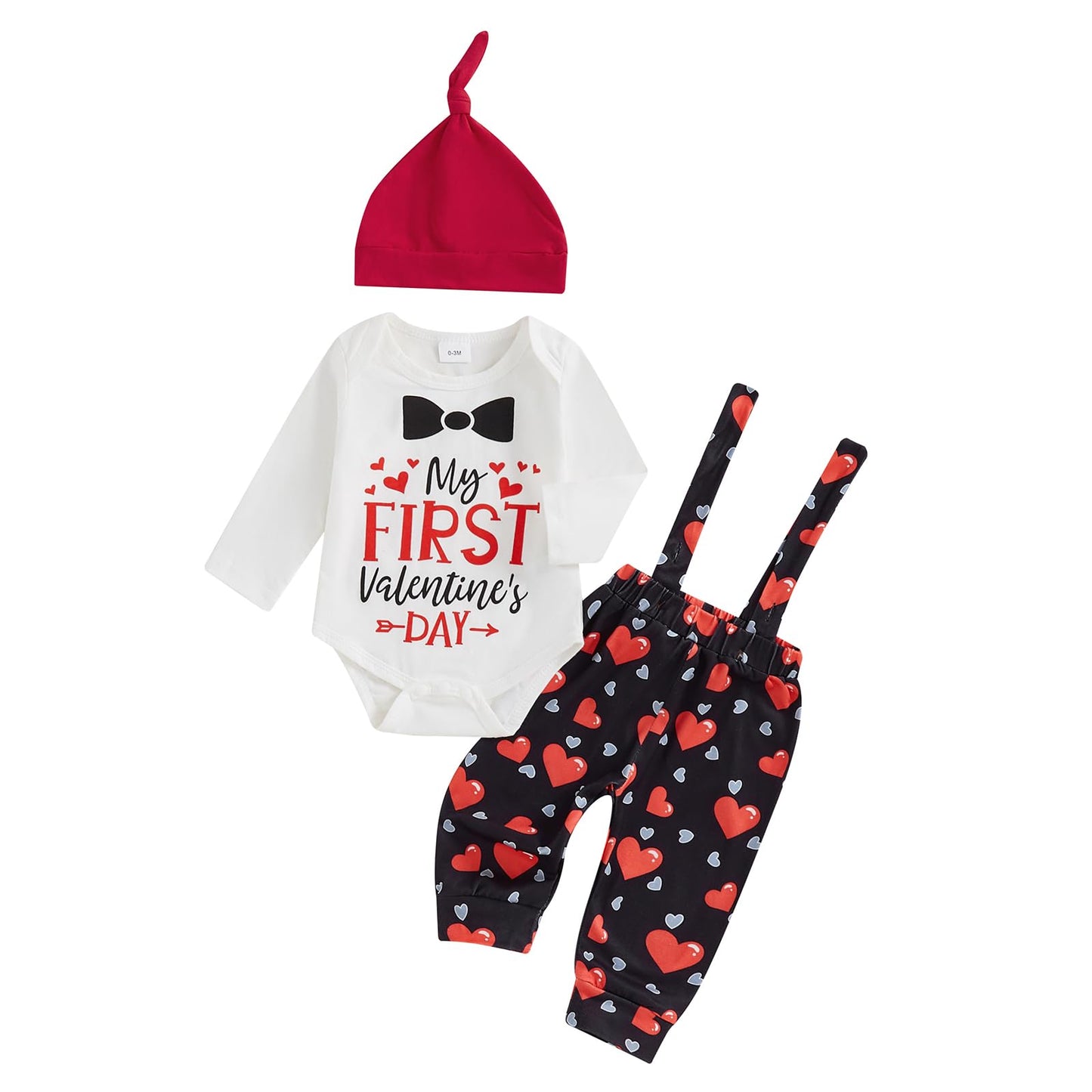 Beqeuewll Valentines Newborn Baby Boy 3Pcs Clothes Infant Long Sleeve Romper Cute Pattern Suspender Pants Overalls Outfits (Firs