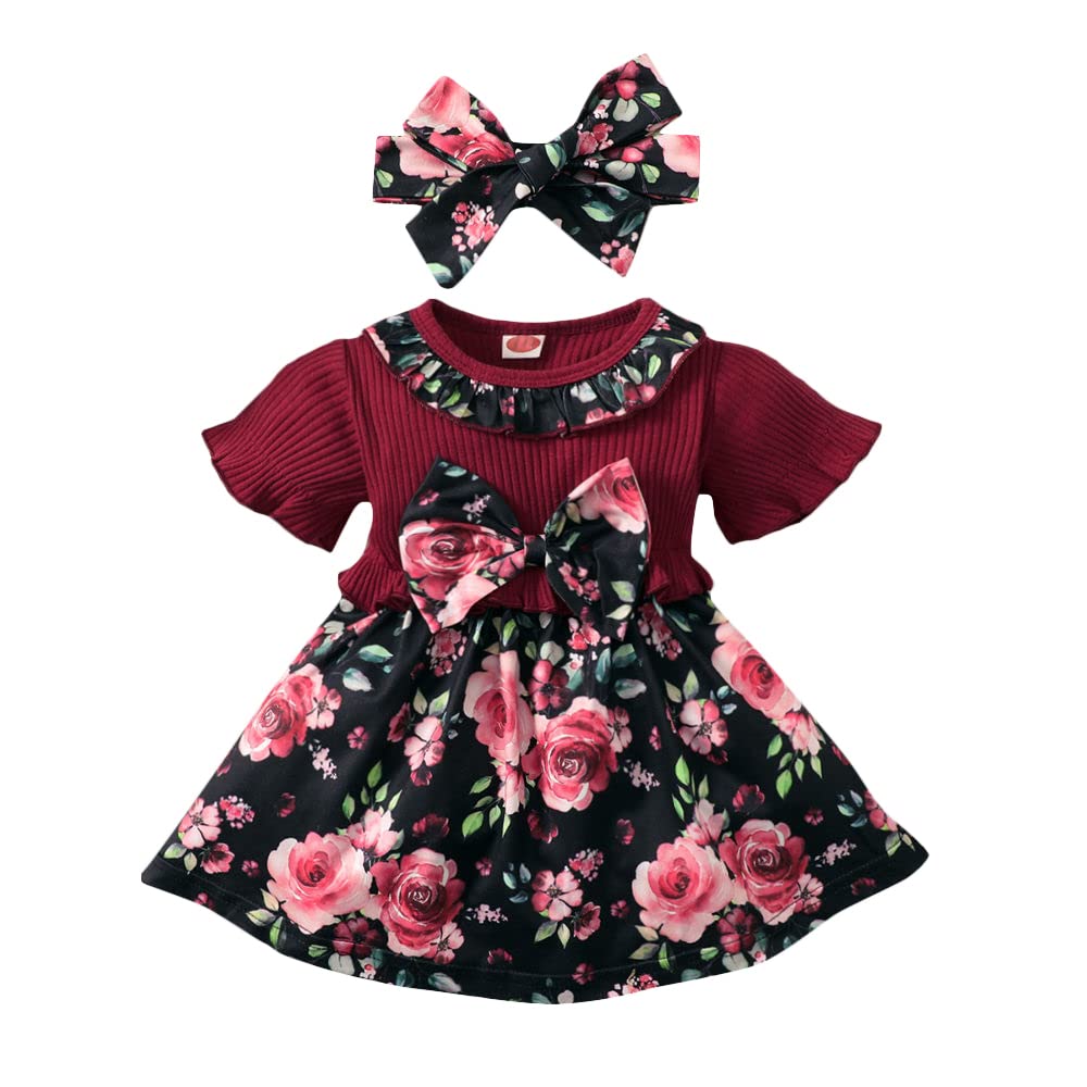 Hopscotch Baby Girls Knee Length Cotton And Polyester Floral Print Casual Dress With Headband In Maroon Color For Ages 36 Month