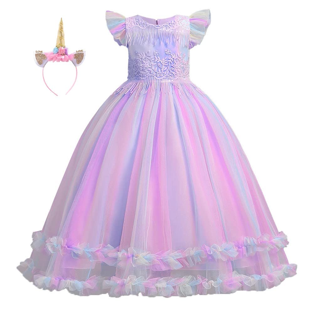 Hoizosg Rainbow Tulle Dress Girls Unicorn Birthday Princess Party Prom Halloween Christmas Dance Ball Gown W/Headband Purple 4-5
