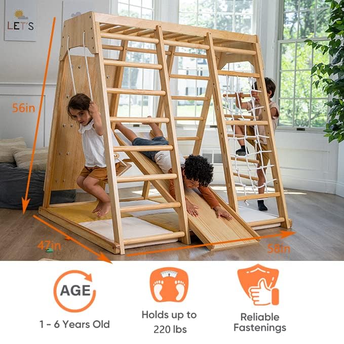 Avenlur Magnolia Indoor Playground 6-In-1 Jungle Gym Montessori Waldorf Style Wooden Climber Playset Slide, Rock Climbing Wall,