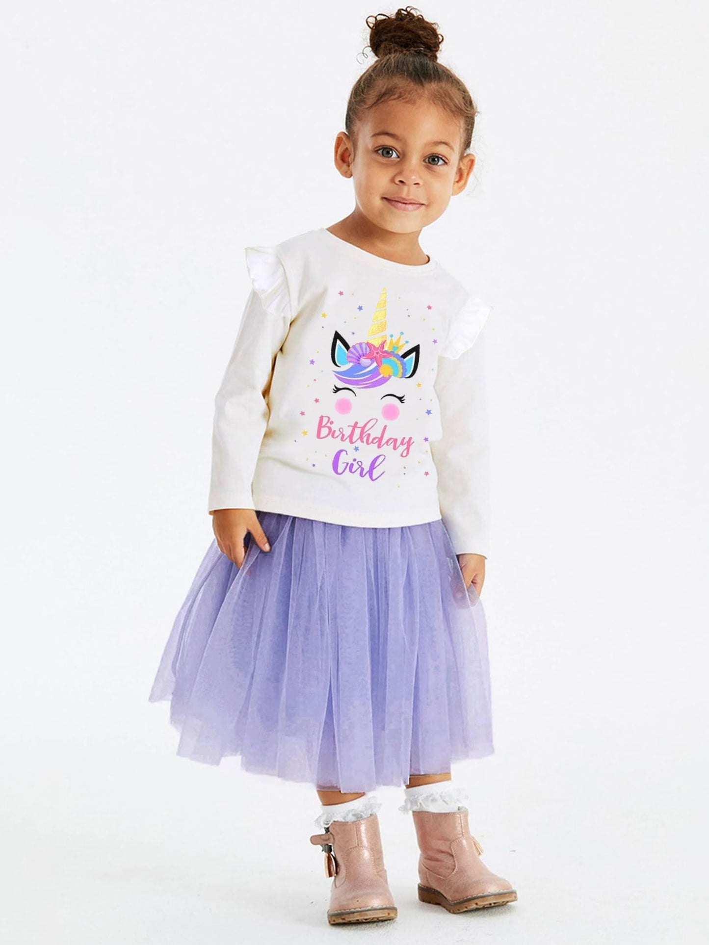 Birthday Girl Shirt Toddler Baby Girls Unicorn T-Shirt 2Nd 3Rd 4Th 5Th 6Th 7Th Birthday White Tee Fall Outfit Fly Sleeve 2T