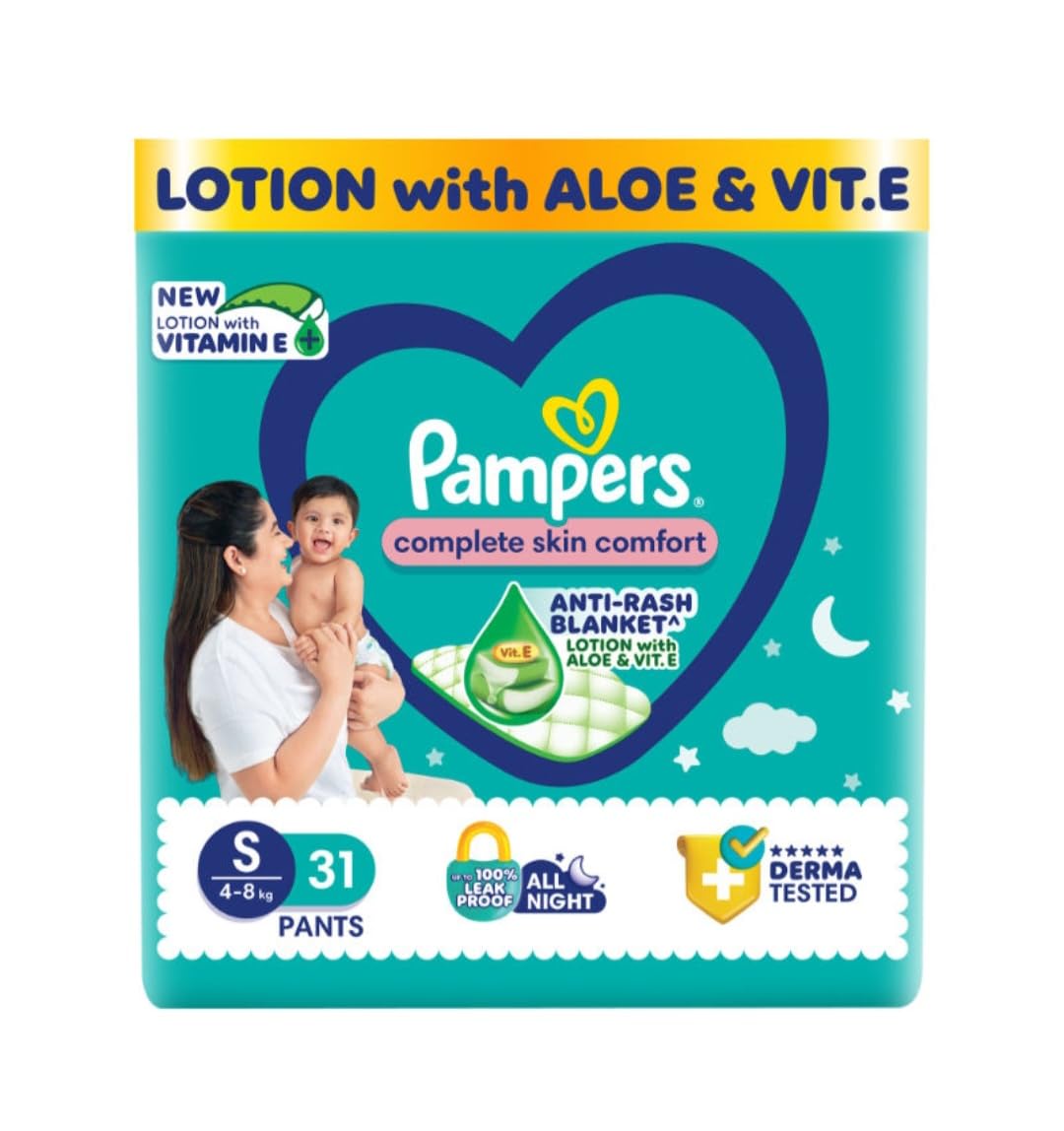 Pampers Complete Skin Comfort Pants, AntiRash Blanket, Lotion With Vitamin E & Aloe Vera, Small Size Baby Diapers, (S) 30 Count