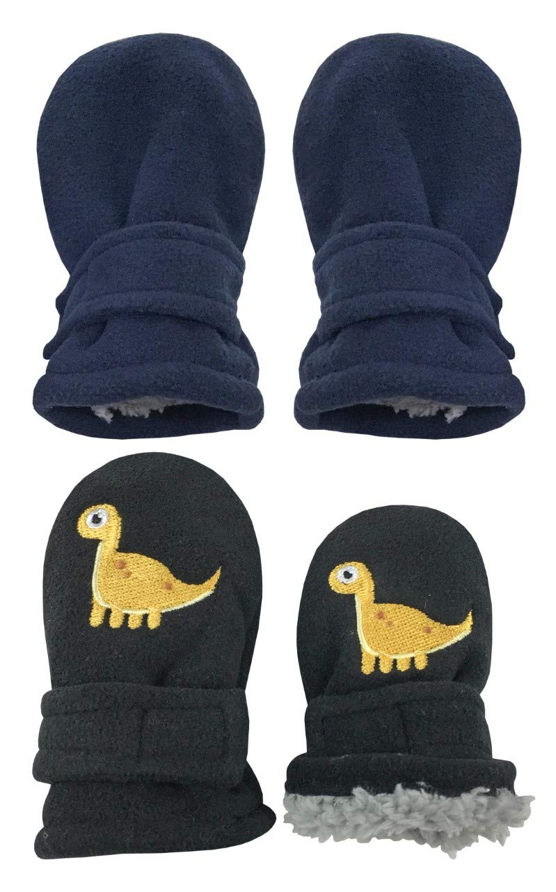 Nice Caps Little Kids And Baby Easy-On Sherpa Lined Fleece Mittens - 2 Pair Pack (Black Dinosnavy Solid - Infant No Thumbs, 6-18