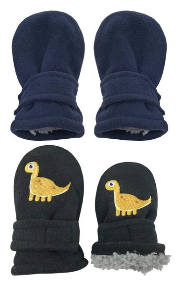 Nice Caps Little Kids And Baby Easy-On Sherpa Lined Fleece Mittens - 2 Pair Pack (Black Dinosnavy Solid - Infant No Thumbs, 6-18