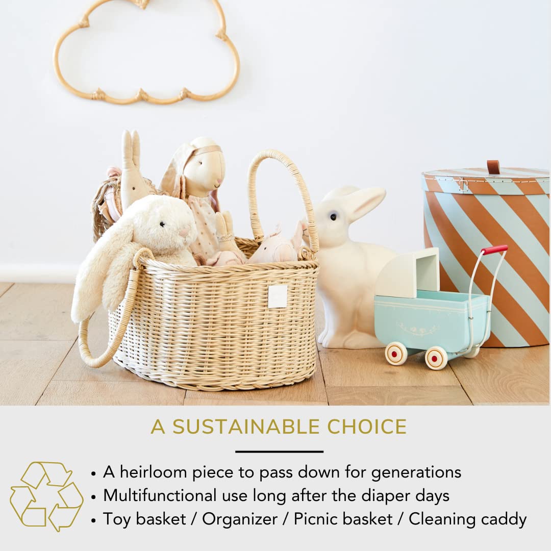 Bebe Bask Baby Diaper Caddy Organizer - Handmade Rattan - Luxury Diaper Caddy Basket - Cute Diaper Caddy For Baby Girl & Diaper