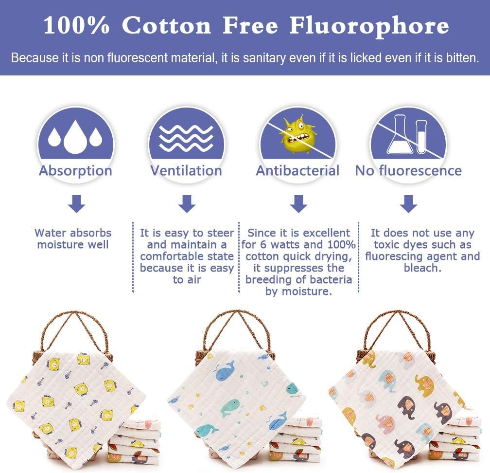 Maveek 9 Pack Toddlers Burp Cloths, 9.8'' X 9.8'' Baby Drool Bib Strong Absorbent Muslin Washcloths Handkerchief Saliva Wipes Fo