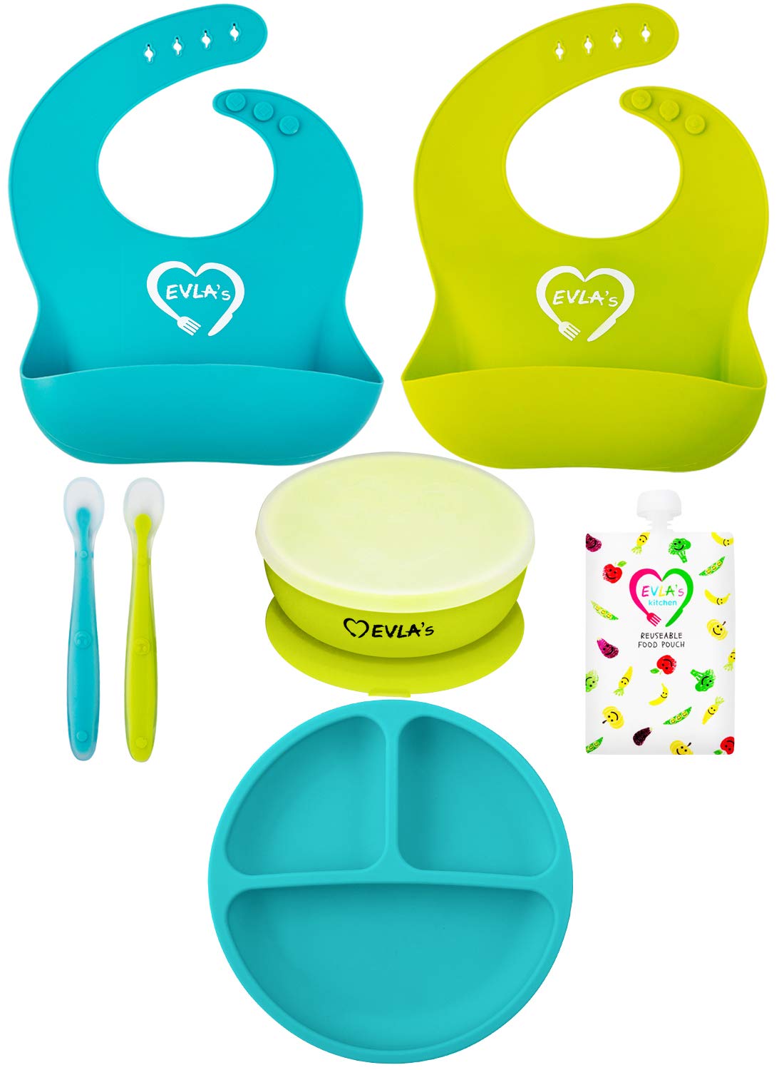 EVLAS Baby Feeding Set, Baby Led Weaning Supplies, Adjustable Silicone Bibs, Divided Plate, Suction Bowl with Lid, Soft Spoons 