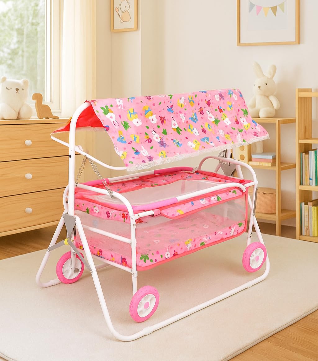 Avani Metrobuzz Baby Cradle With Swing And Mosquito Net, Four Wheels For 013 Months Baby Boys And Girls (Pink)