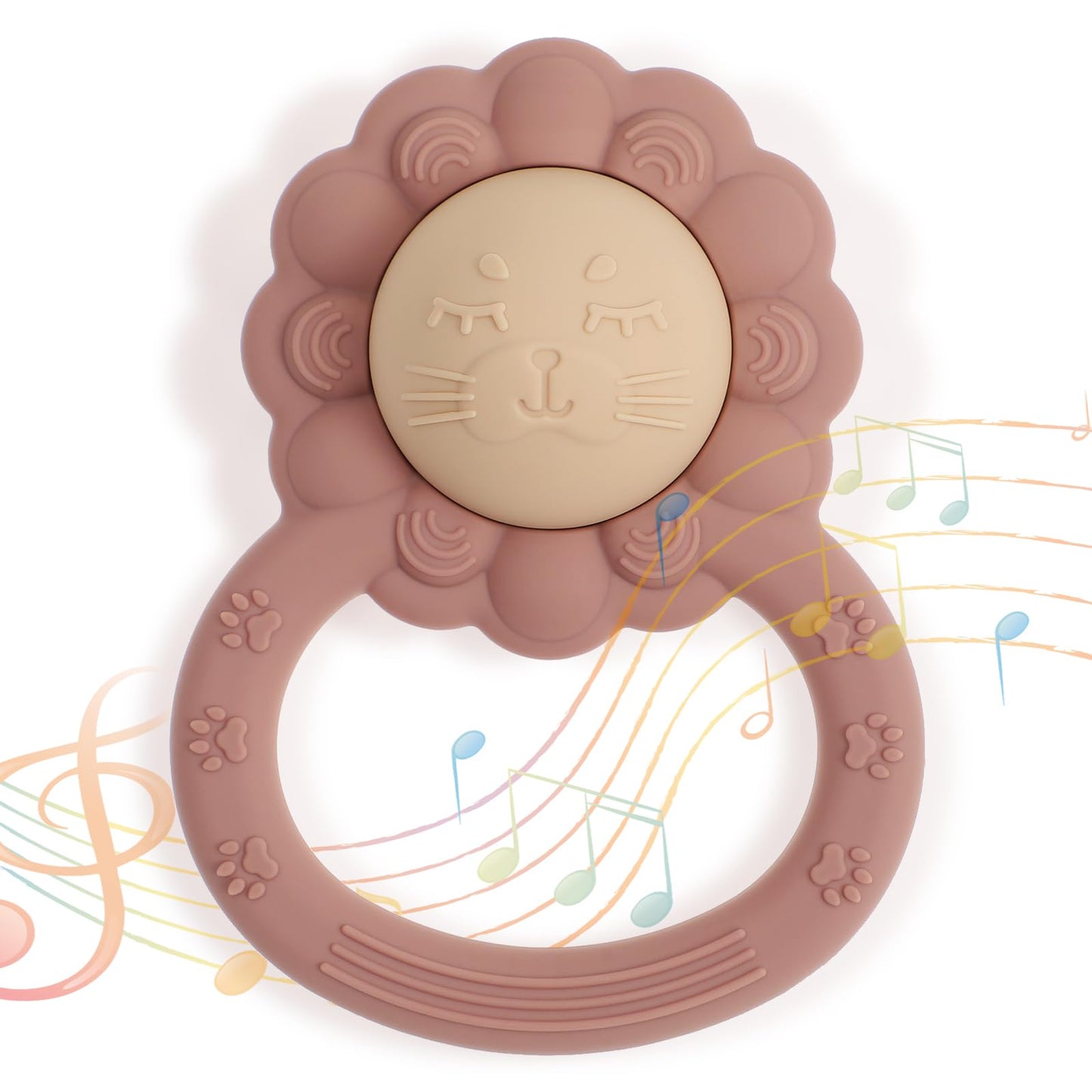 Dirbabi Rattle Teether, Lion Shape Montessori Baby Sensory Teething Toys, Food Grade Silicone BPA Free, Newborn Essentials Must 