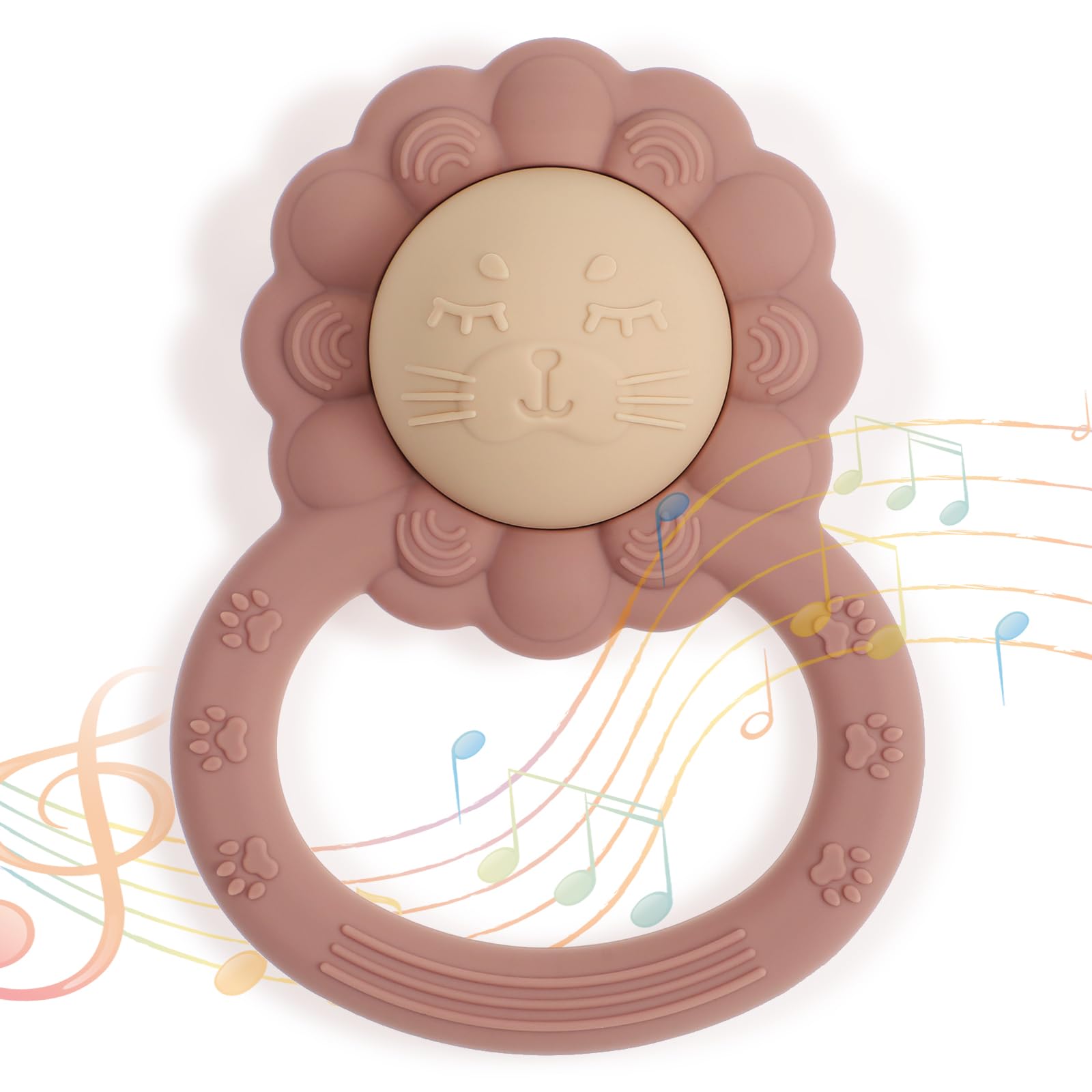 Dirbabi Rattle Teether, Lion Shape Montessori Baby Sensory Teething Toys, Food Grade Silicone BPA Free, Newborn Essentials Must 