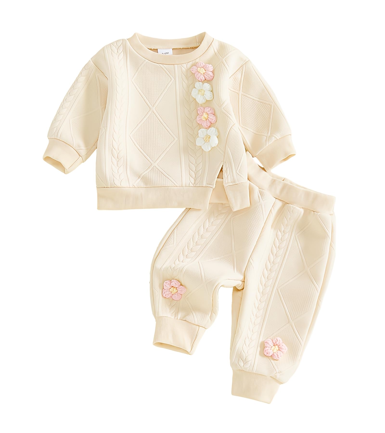 Toddler Baby Girl Outfits Long Sleeve Solid Sweatsuit Pants 2 Piece Clothes Fall Winter Infant Sweater Set 3M-5T (Beige, 3-6 Mon