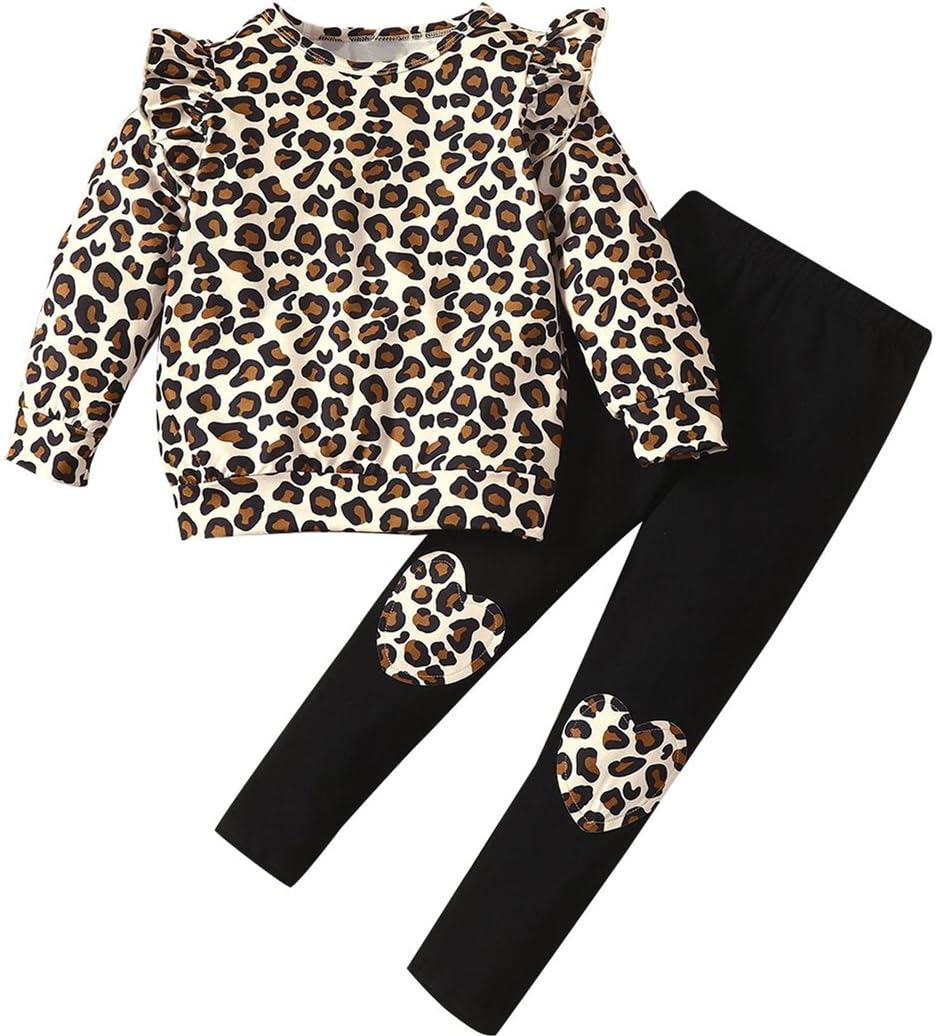 Zarmfly Toddler Girls 2 Piece Fall Outfits Long Sleeve Flutter Shirts And Pants Legging Set Winter Kids Leopard Print Clothes 8T