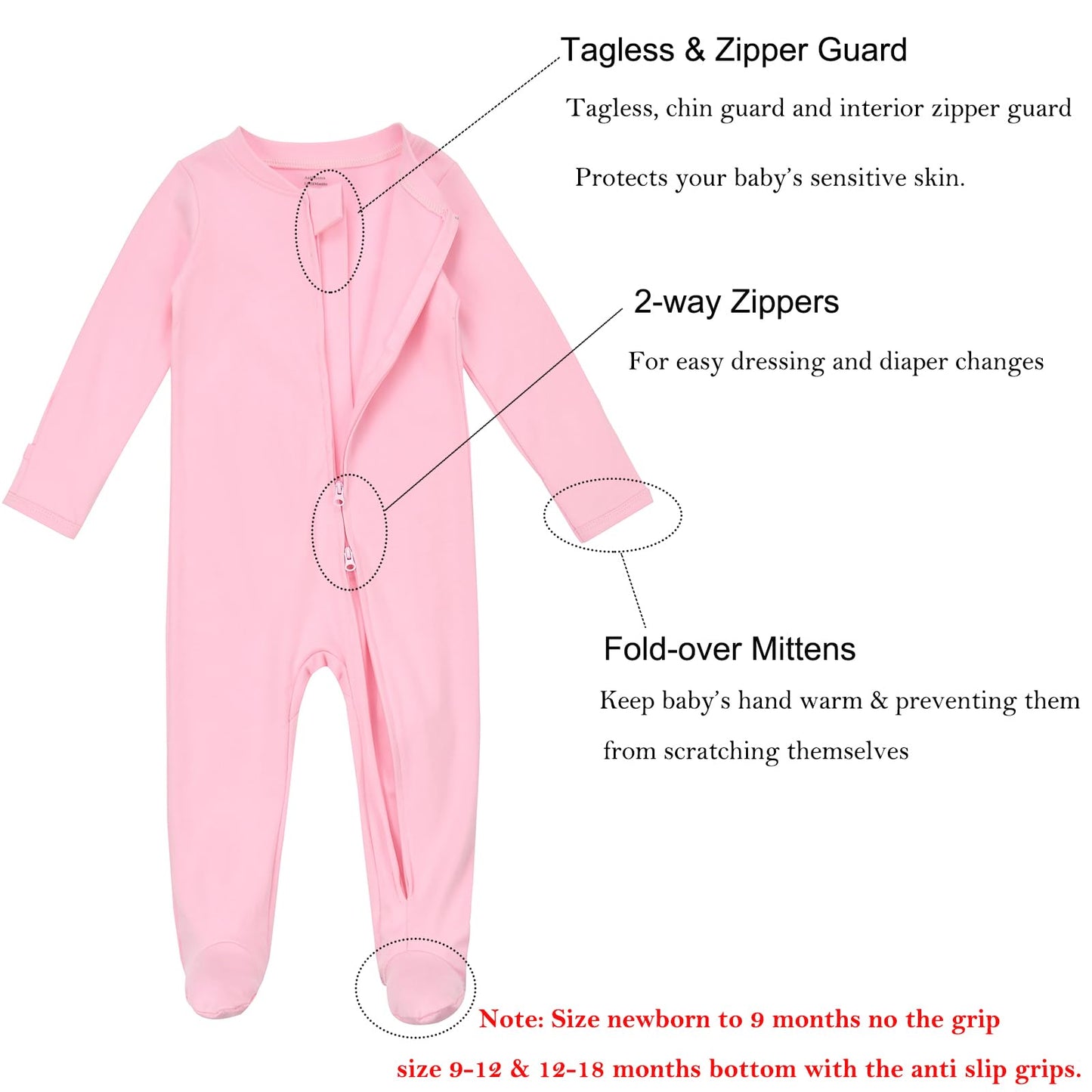 Aablexema Baby Footie Pajamas With Mittens - 3Pcs Infant Footed Sleeper Cotton Sleepwear Outfits(Pink/Grey/Stripe,12-18M)