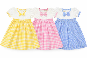 Koshmosh Combo Of 3 Cotton Baby Girl Dress With Cute Bow I Stylish Gingham Baby Frock I Soft MulmulLined Girl Outfit Yellow,Pin