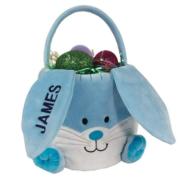 Giftsforyounow Embroidered Plush Blue Bunny Personalized Easter Basket, Easter Basket For Little Boys, Easter Egg Hunt Tote, Per