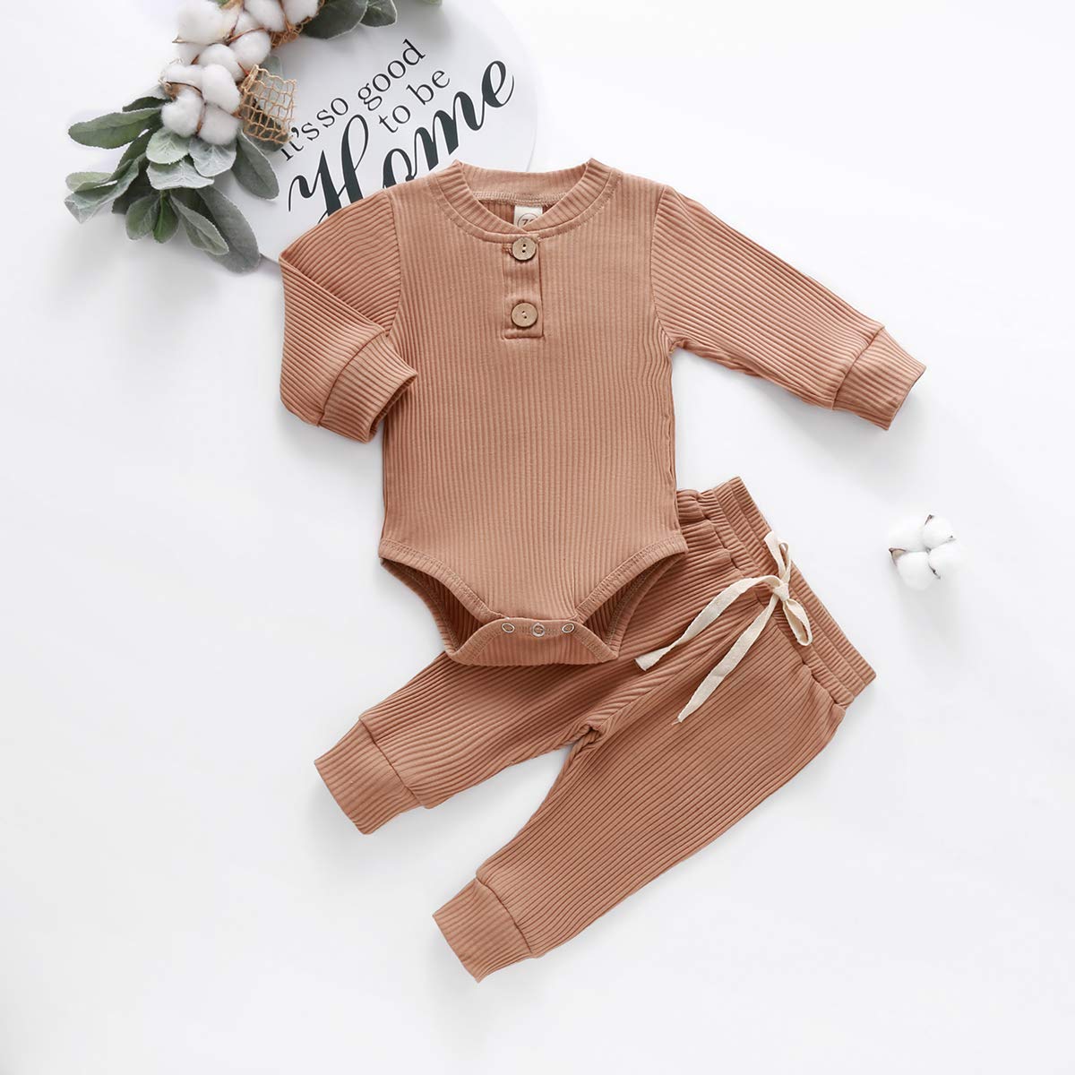 Baby Newborn Girls Boys Long Sleeve Clothes Striped Romper & Pants Set Infant Fall Winter Cotton Outfits (B-Brown, 12-18 Months)