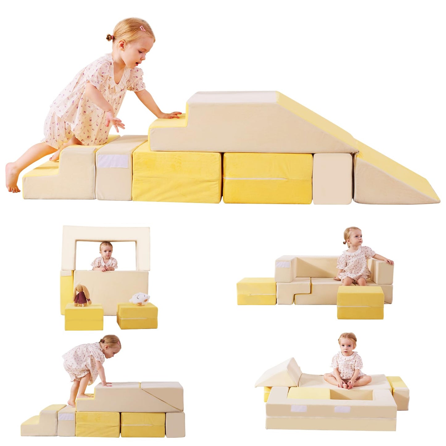 Toddler Climbing Toys, 2-in-1 Foam Play Couch & Climbing Blocks Set, Soft Indoor Climber for Toddlers 1-3, Modular Sofa Play Set