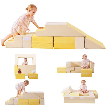 Toddler Climbing Toys, 2-in-1 Foam Play Couch & Climbing Blocks Set, Soft Indoor Climber for Toddlers 1-3, Modular Sofa Play Set