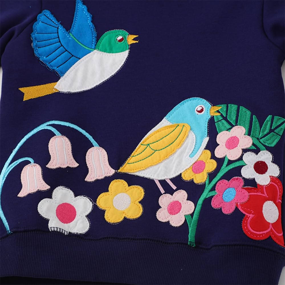 Bird Shirt Girls Long Sleeve Crewneck Cotton Animal Print Blue Swearter Tops Toddler Fall Outfits Kids Floral Sweatshirt 6T