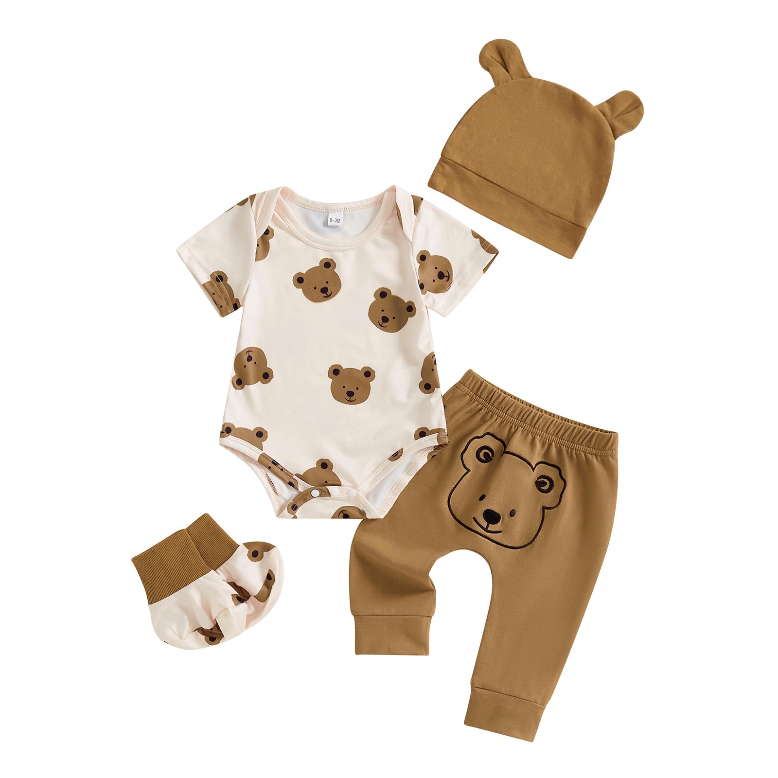 Karesoull Baby Boy Newborn Outfits Bear Print Short Sleeve Bodysuit Romper Hat Socks Pant Sets Cute Infant Boy Clothes (Brown Be