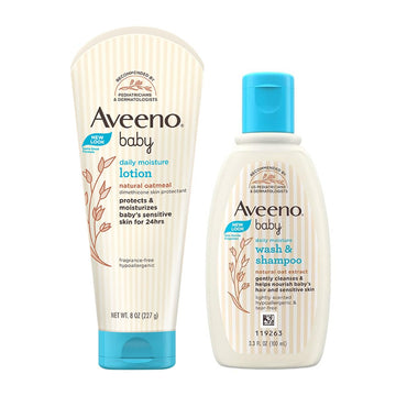 Combo Pack Aveeno Baby Daily Moisture Lotion (227G) + Wash And Shampoo (100Ml) | With Natural Oat Extract | Hypoallergenic, Pedi
