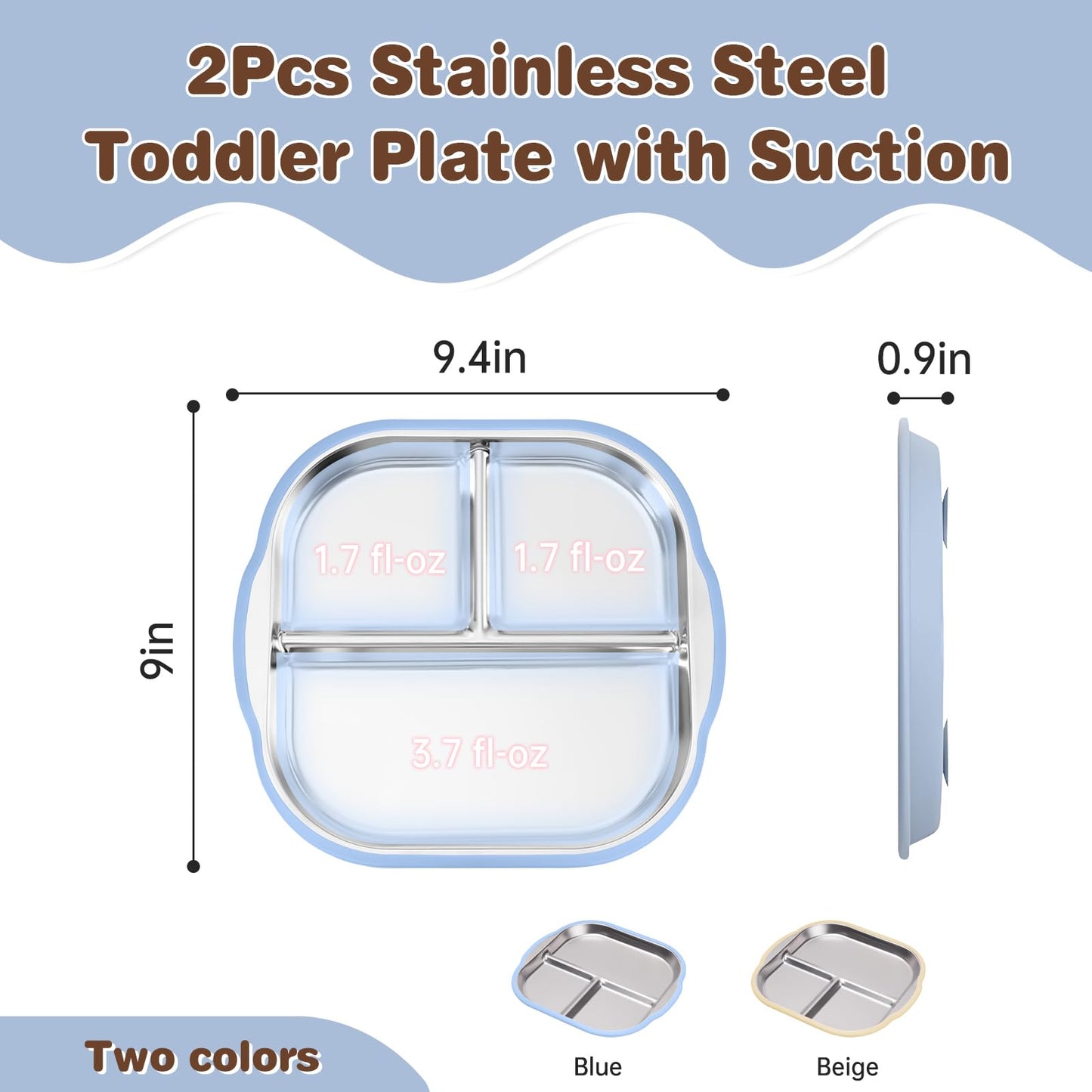 Stainless Steel Kids Plates With Suction, 9.4 'X 9    Divided Baby Toddler Plates With Removable Silicone Sleeves, Non-Slip Tod