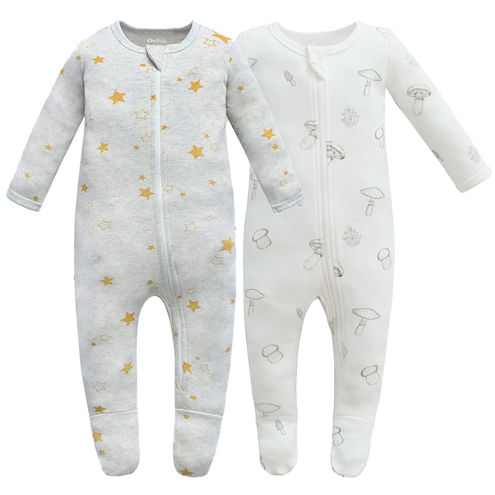 Owlivia Organic Cotton Baby Pajamas, Boys Girls 2-Pack Zip Front Sleep 'N Play,