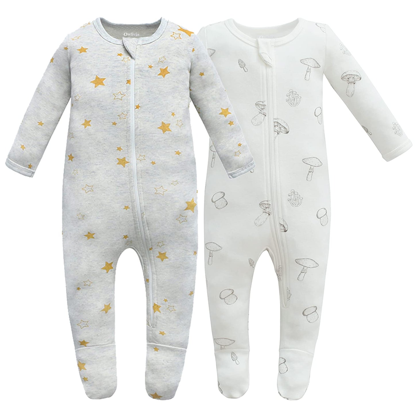 Owlivia Organic Cotton Baby Pajamas, Boys Girls 2-Pack Zip Front Sleep  'N Play, Footed Sleeper, Long Sleeve(Newborn, Golden Sta