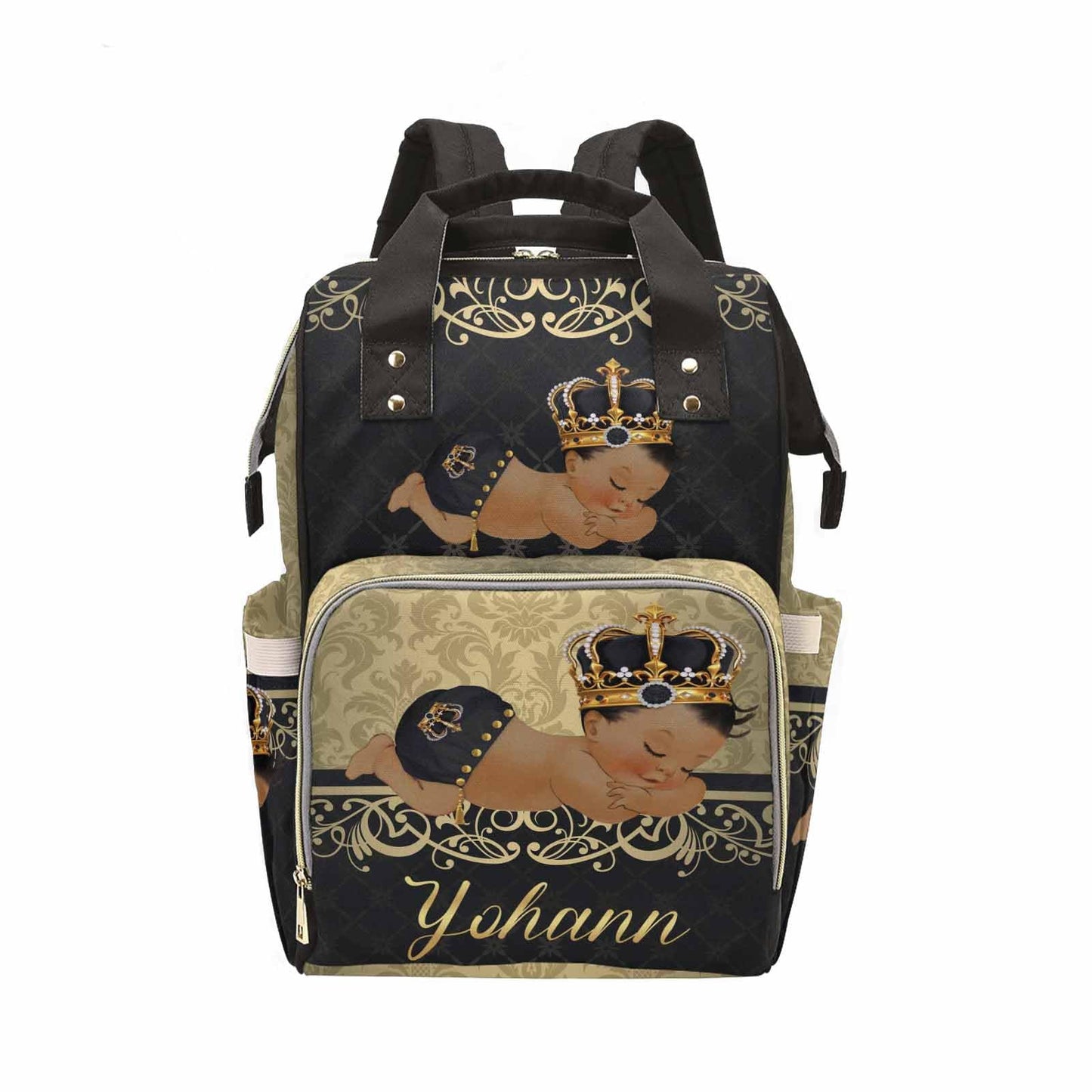 M Yescustom Personalized Baby Diaper Backpack, Vintage Golden Black Crown Prince Diaper Bag With Name, Waterproof Mommy Nursing