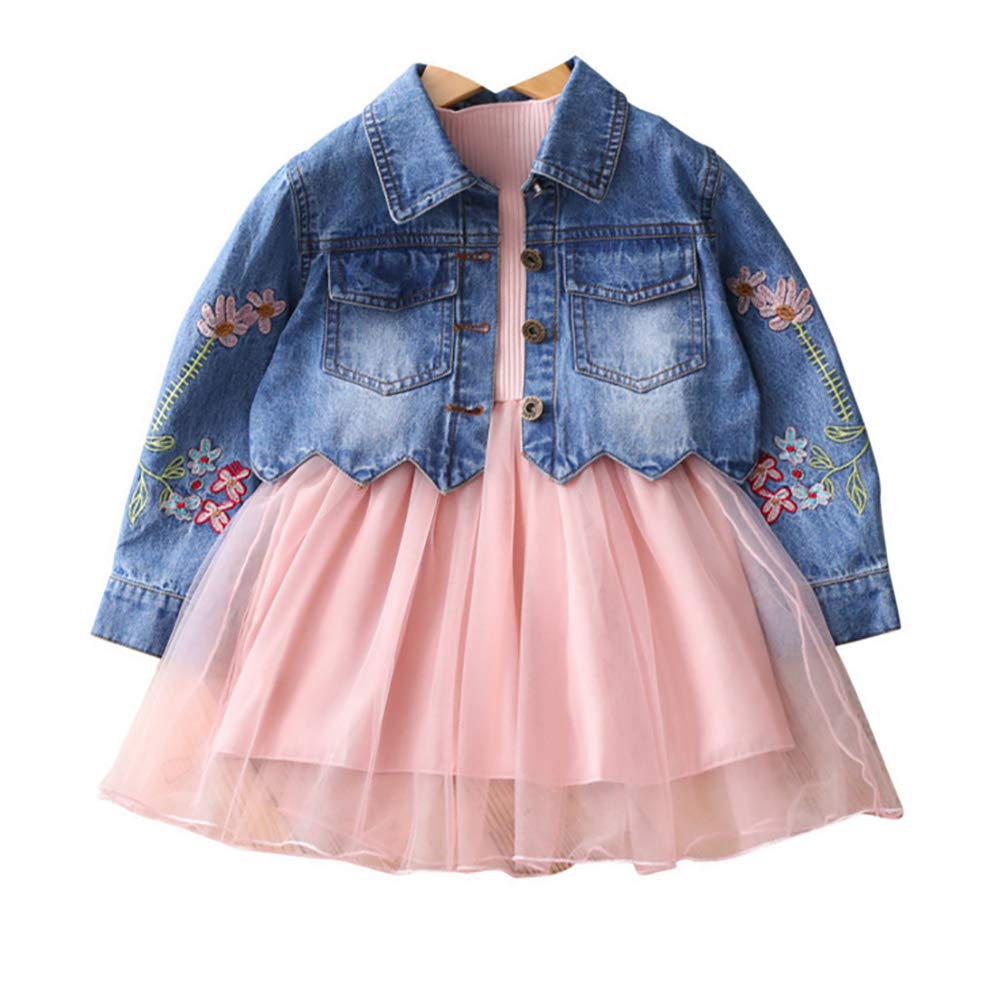 Yao Spring Autumn Little Girls Clothing Set Child Kids Denim Jacket and Long Sleeve Dress 2 Pieces Set (4T, Pink)