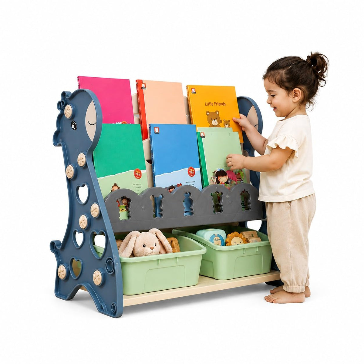 Metreno Kids Bookshelf and Toy Storage Organizer with Storage Bins Montessori Book Rack for Kids Room Book Shelf Organizer for C